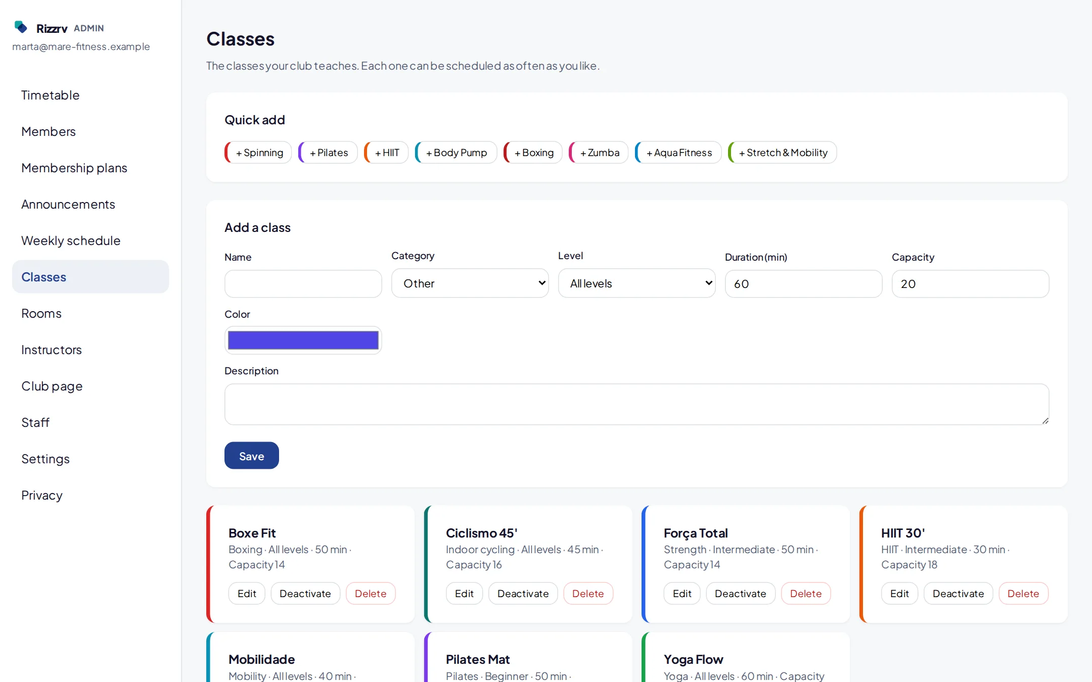 The club's class catalogue with quick-add presets