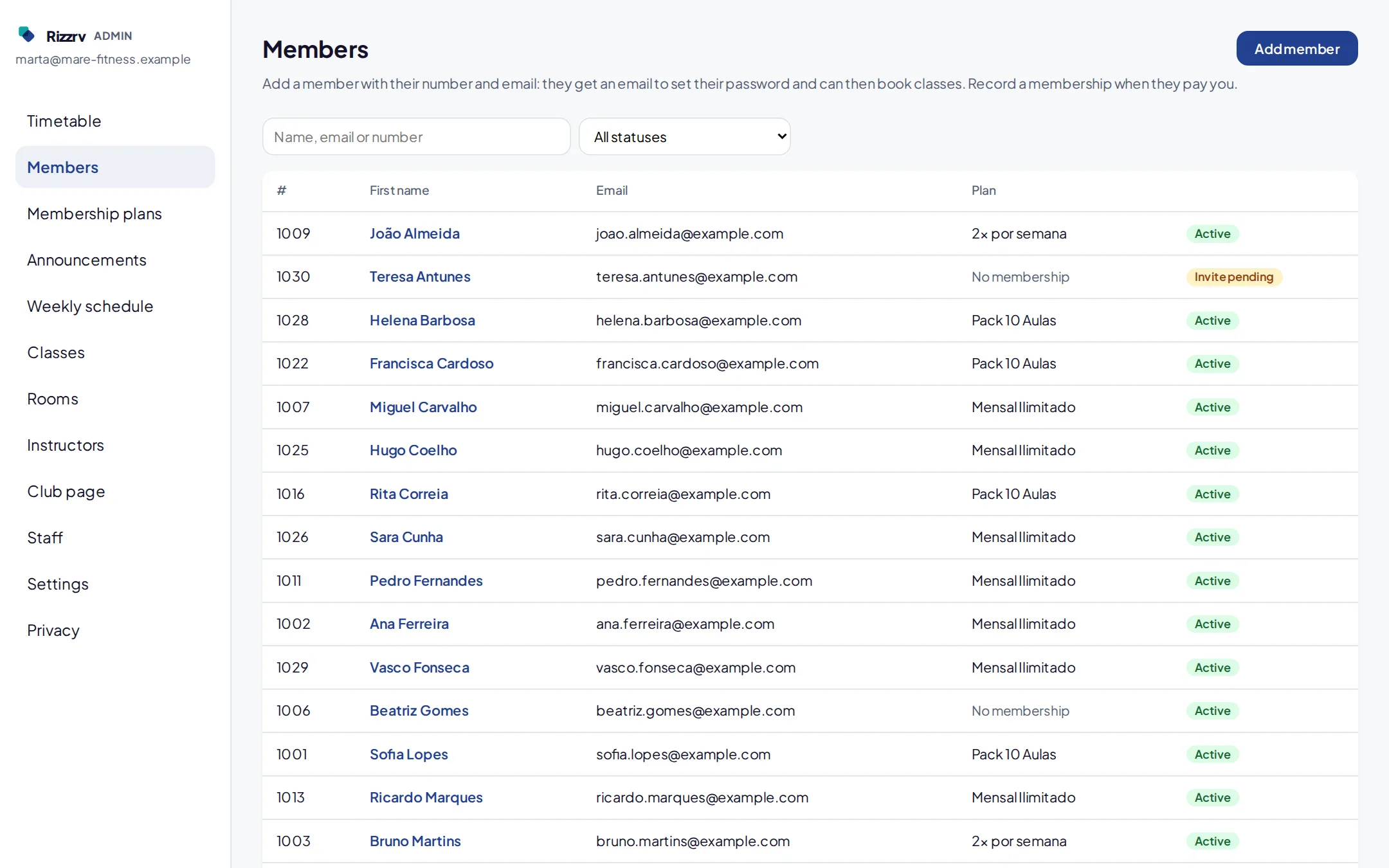 Member list with number, email, plan and status