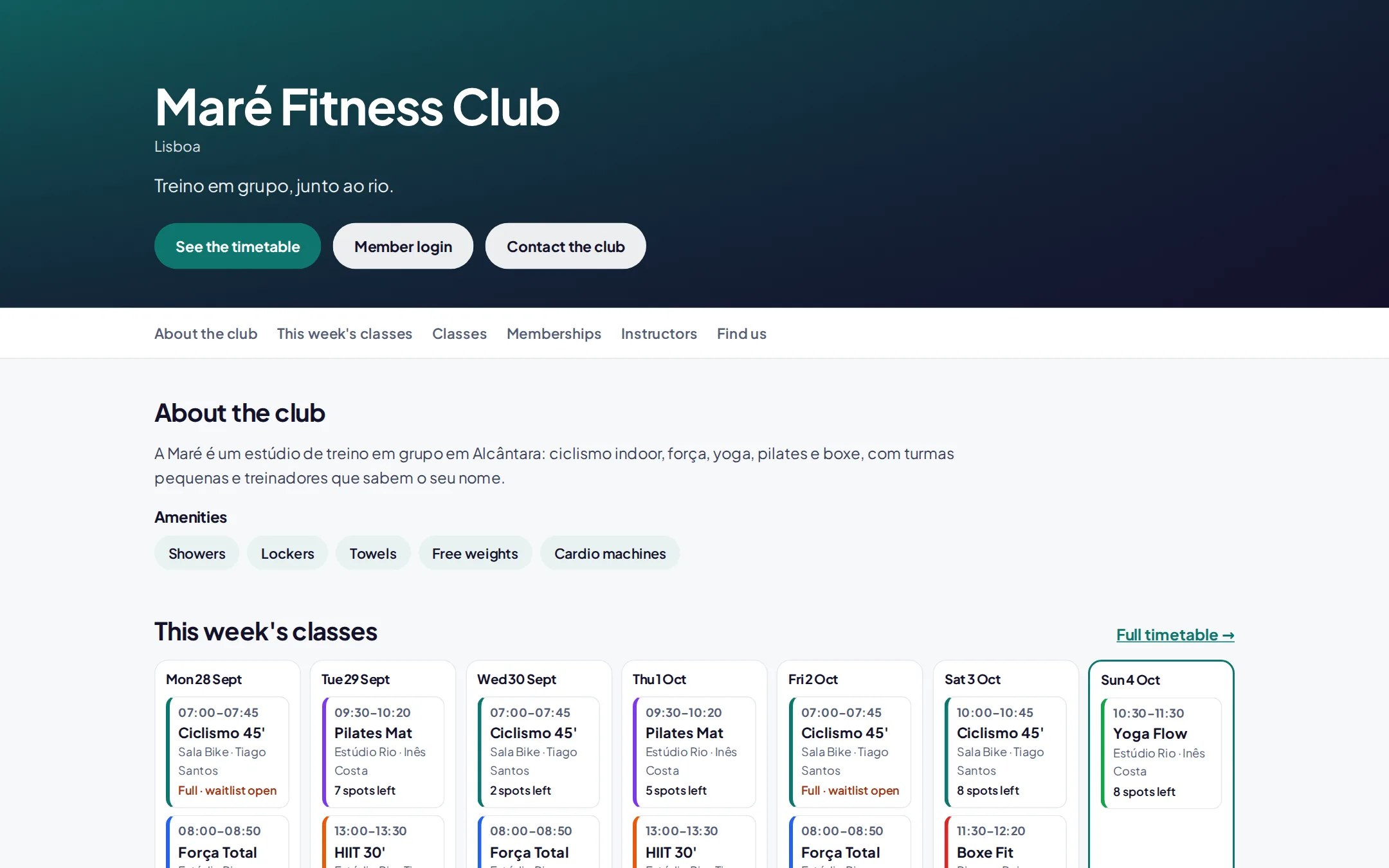 A club's public page with its timetable, amenities and plans