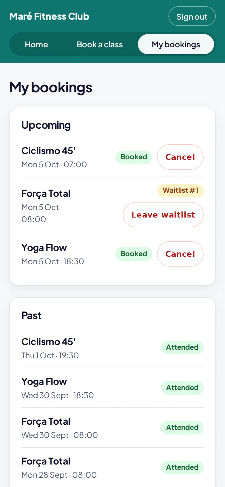 List of booked classes, one on the waitlist, and past classes