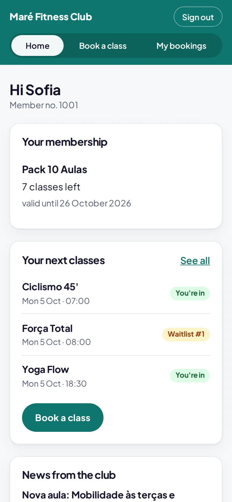 The member area on a phone: membership, upcoming classes and club news
