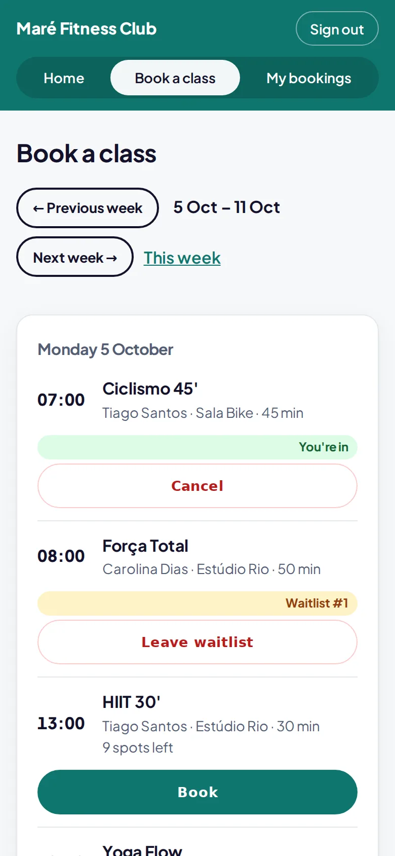 The week's timetable on a phone with book and cancel buttons